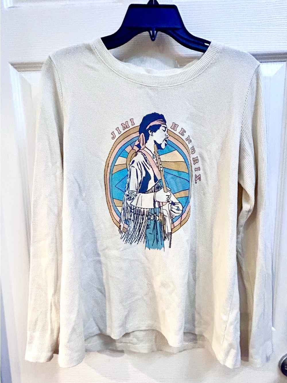 Lucky Brand Cream Long Sleeve Waffle-knit Top w/ Jimi Hendrix Graphic